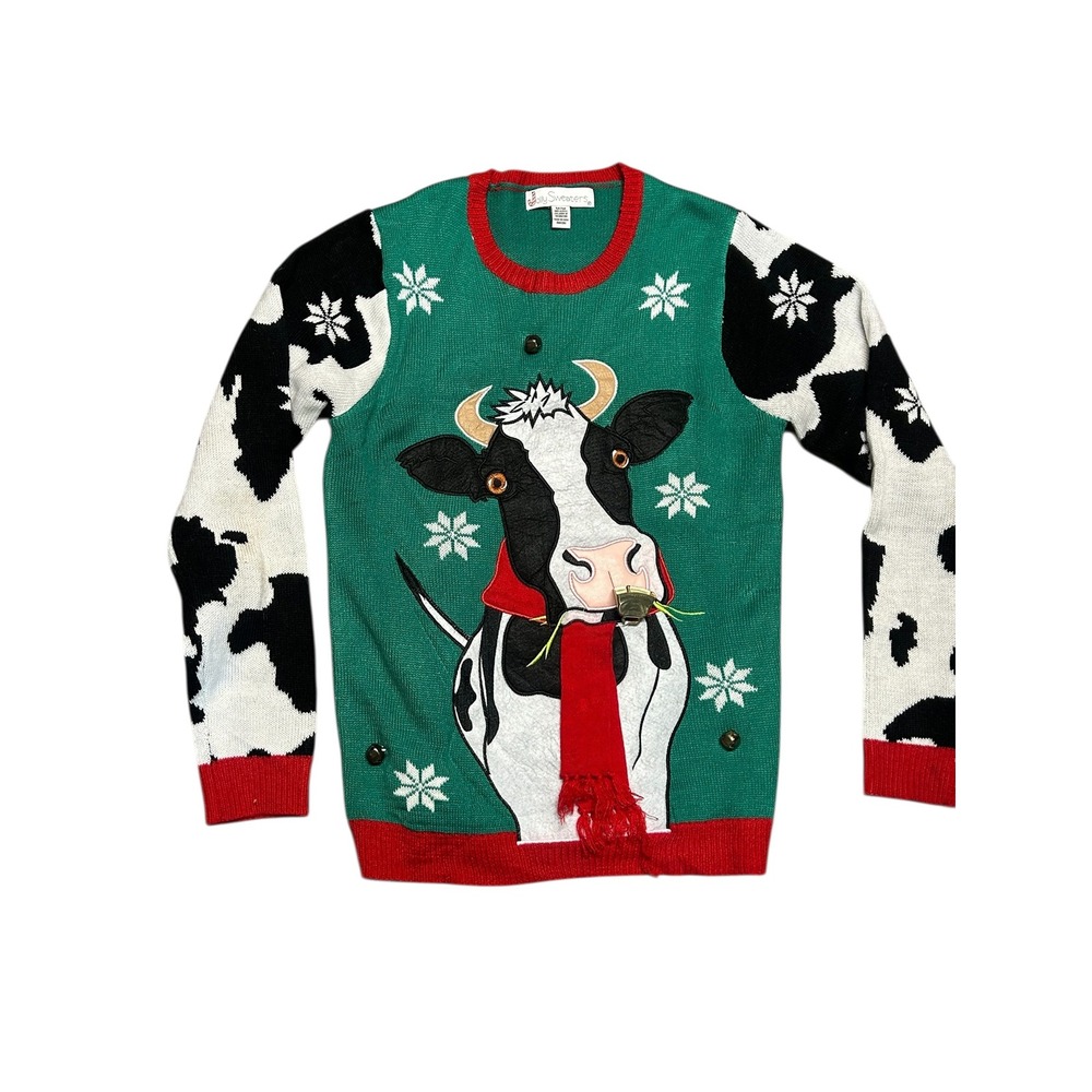 Jolly‎ Sweaters Cow Ugly Christmas Sweater Green Red Cow Print Medium